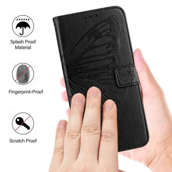 For iPhone 17 Pro Embossed Butterfly Leather Phone Case(Black)