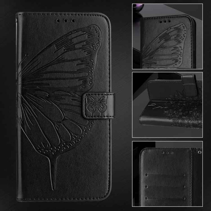 For iPhone 17 Pro Embossed Butterfly Leather Phone Case(Black)