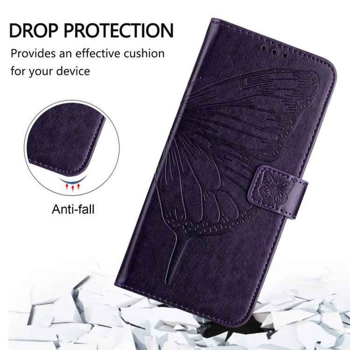 For iPhone 17 Pro Embossed Butterfly Leather Phone Case(Dark Purple)