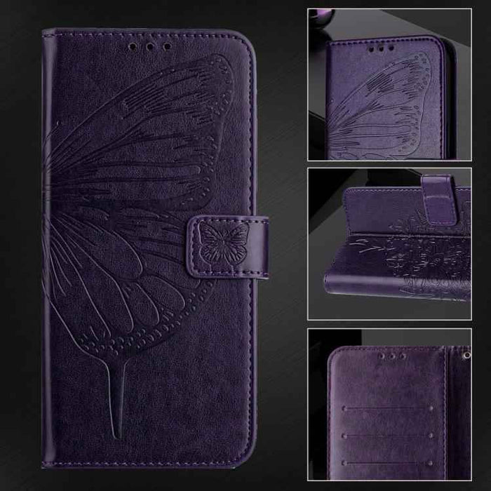 For iPhone 17 Pro Embossed Butterfly Leather Phone Case(Dark Purple)