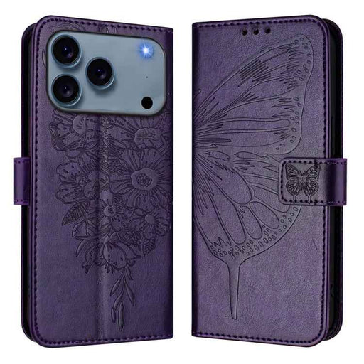 For iPhone 17 Pro Embossed Butterfly Leather Phone Case(Dark Purple)