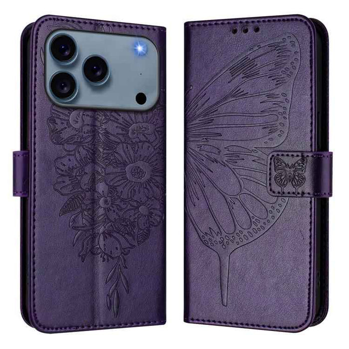 For iPhone 17 Pro Embossed Butterfly Leather Phone Case(Dark Purple)