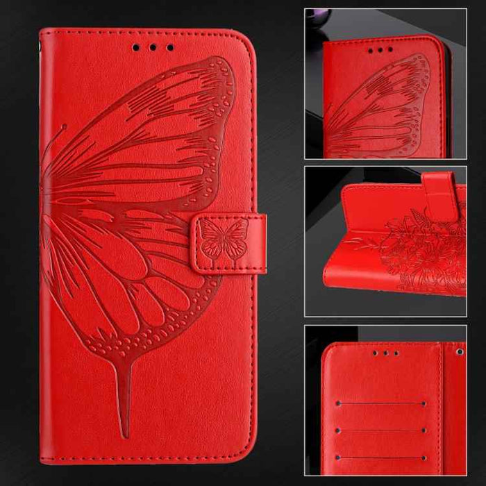 For iPhone 17 Pro Embossed Butterfly Leather Phone Case(Red)