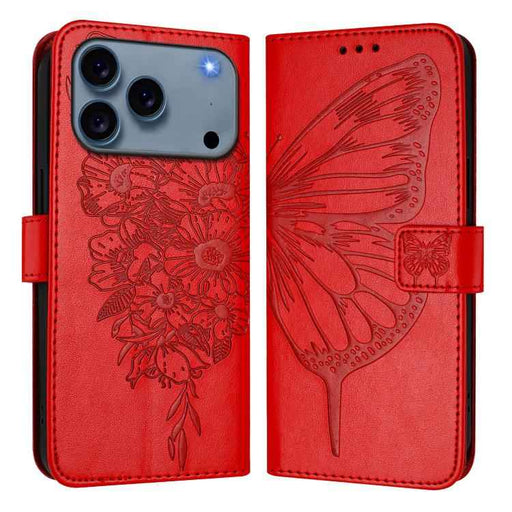 For iPhone 17 Pro Embossed Butterfly Leather Phone Case(Red)