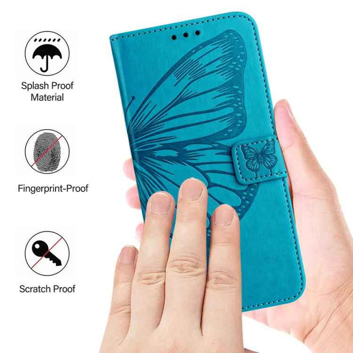 For iPhone 17 Pro Embossed Butterfly Leather Phone Case(Blue)