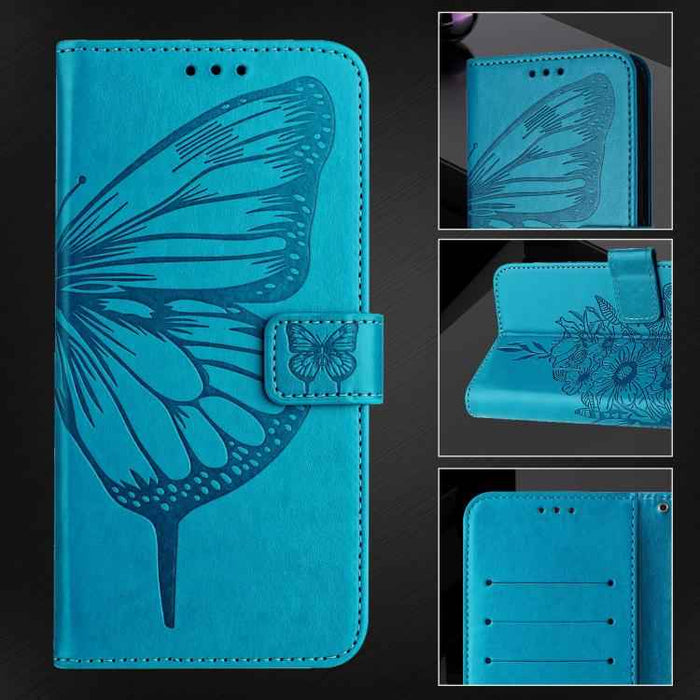 For iPhone 17 Pro Embossed Butterfly Leather Phone Case(Blue)