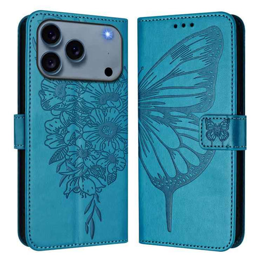 For iPhone 17 Pro Embossed Butterfly Leather Phone Case(Blue)