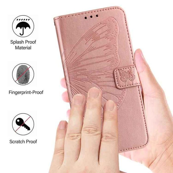 For iPhone 17 Pro Embossed Butterfly Leather Phone Case(Rose Gold)