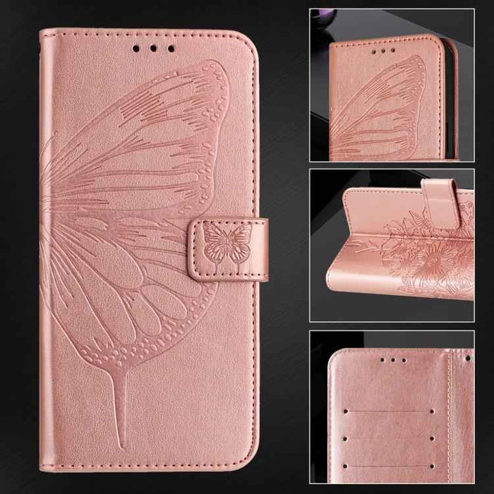 For iPhone 17 Pro Embossed Butterfly Leather Phone Case(Rose Gold)