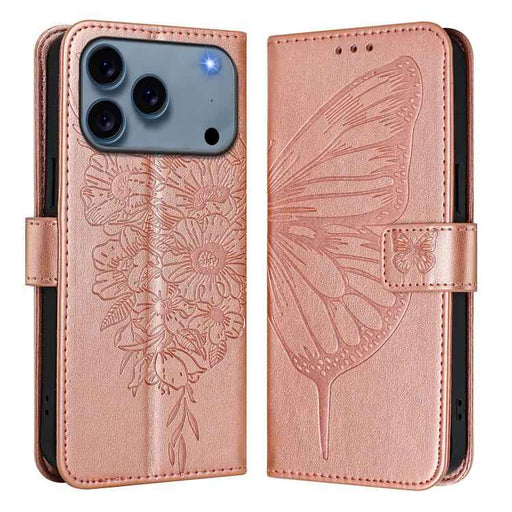 For iPhone 17 Pro Embossed Butterfly Leather Phone Case(Rose Gold)