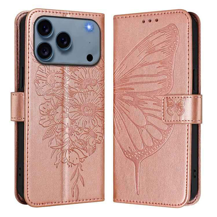 For iPhone 17 Pro Embossed Butterfly Leather Phone Case(Rose Gold)