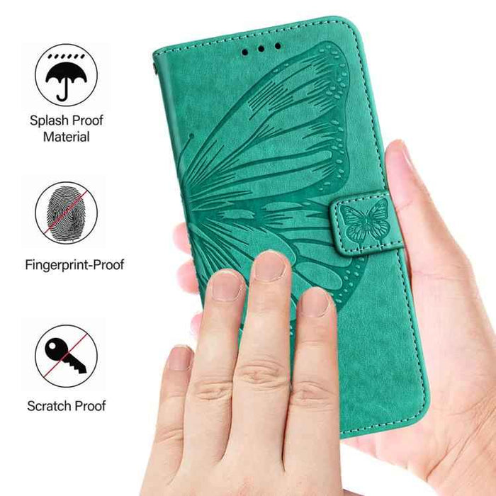 For iPhone 17 Pro Embossed Butterfly Leather Phone Case(Green)