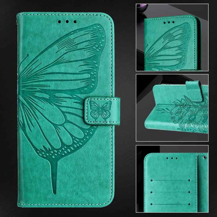 For iPhone 17 Pro Embossed Butterfly Leather Phone Case(Green)