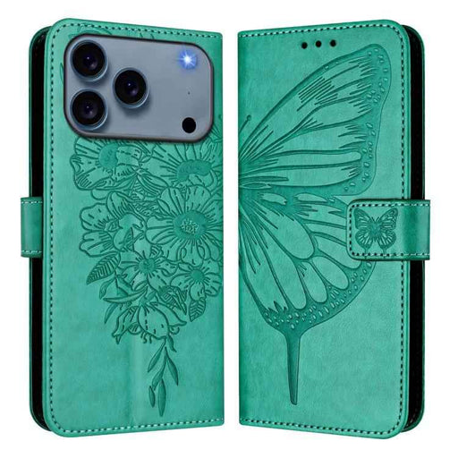 For iPhone 17 Pro Embossed Butterfly Leather Phone Case(Green)
