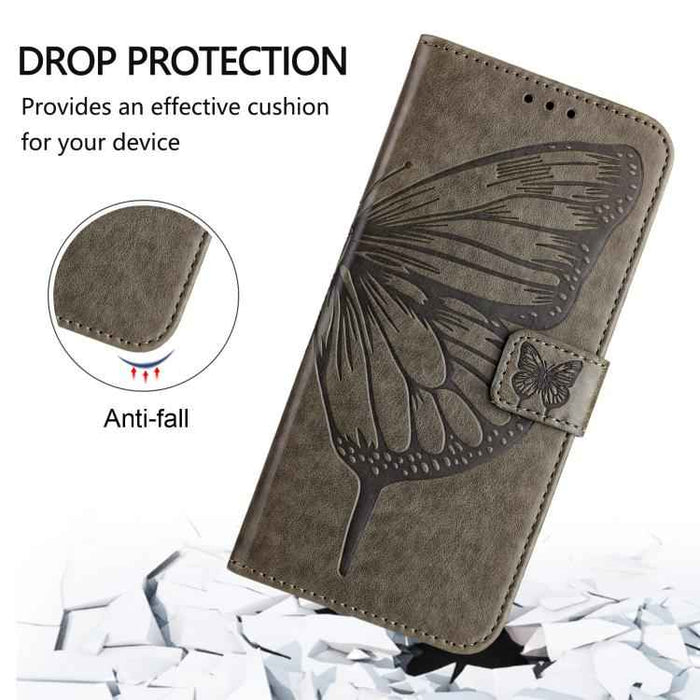 For iPhone 17 Pro Embossed Butterfly Leather Phone Case(Grey)