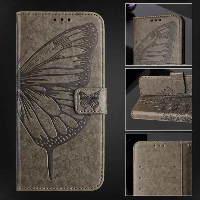 For iPhone 17 Pro Embossed Butterfly Leather Phone Case(Grey)