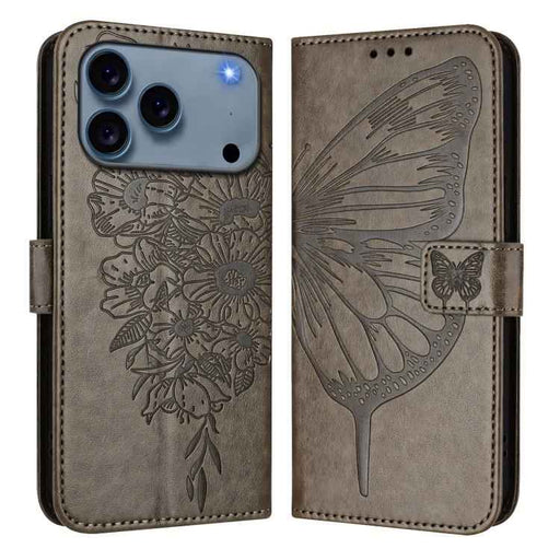 For iPhone 17 Pro Embossed Butterfly Leather Phone Case(Grey)