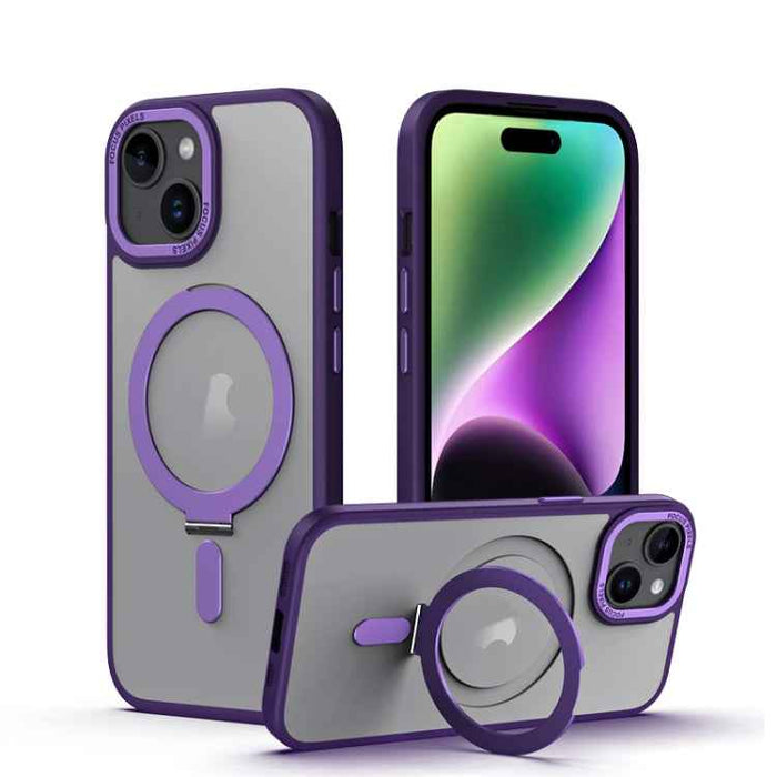 For iPhone 15 Skin Feel MagSafe Shockproof Phone Case with Holder(Purple)