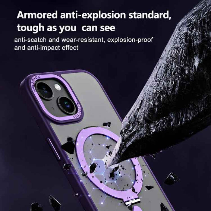 For iPhone 15 Skin Feel MagSafe Shockproof Phone Case with Holder(Purple)