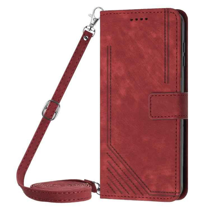For iPhone 17 Pro Max Skin Feel Stripe Pattern Leather Phone Case with Lanyard(Red)