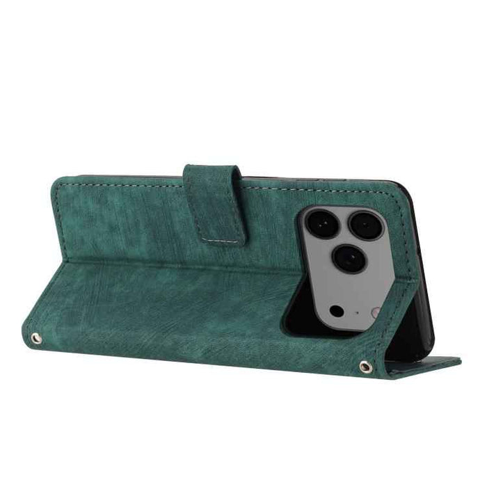 For iPhone 17 Pro Max Skin Feel Stripe Pattern Leather Phone Case with Lanyard(Green)