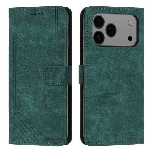 For iPhone 17 Pro Max Skin Feel Stripe Pattern Leather Phone Case with Lanyard(Green)