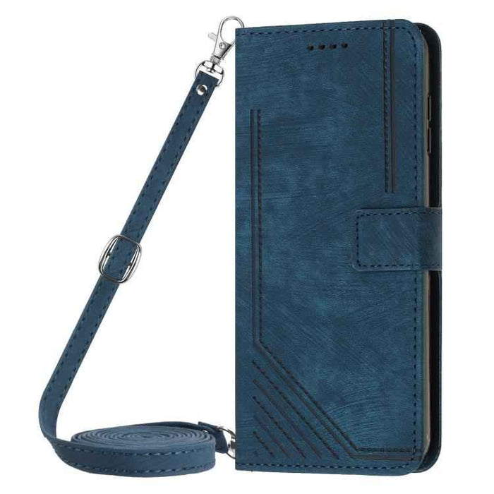 For iPhone 17 Pro Max Skin Feel Stripe Pattern Leather Phone Case with Lanyard(Blue)