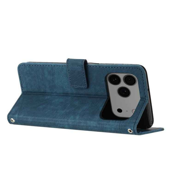 For iPhone 17 Pro Max Skin Feel Stripe Pattern Leather Phone Case with Lanyard(Blue)