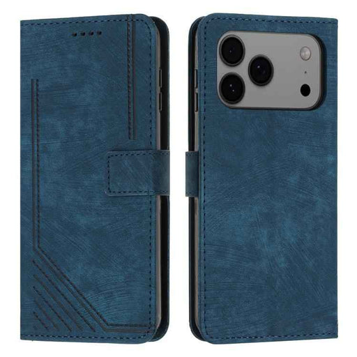 For iPhone 17 Pro Max Skin Feel Stripe Pattern Leather Phone Case with Lanyard(Blue)