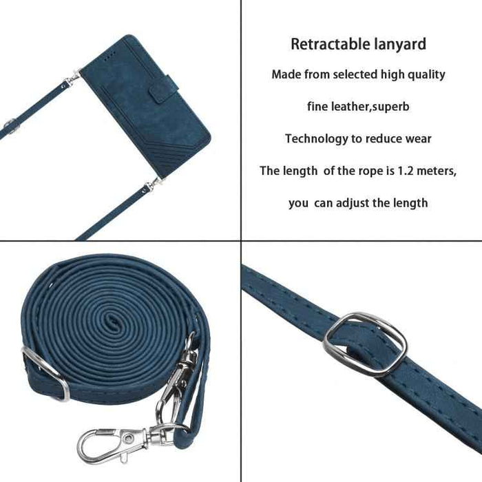 For iPhone 17 Pro Max Skin Feel Stripe Pattern Leather Phone Case with Lanyard(Blue)