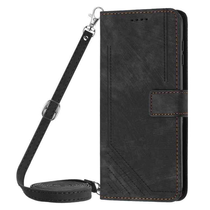 For iPhone 17 Pro Max Skin Feel Stripe Pattern Leather Phone Case with Lanyard(Black)