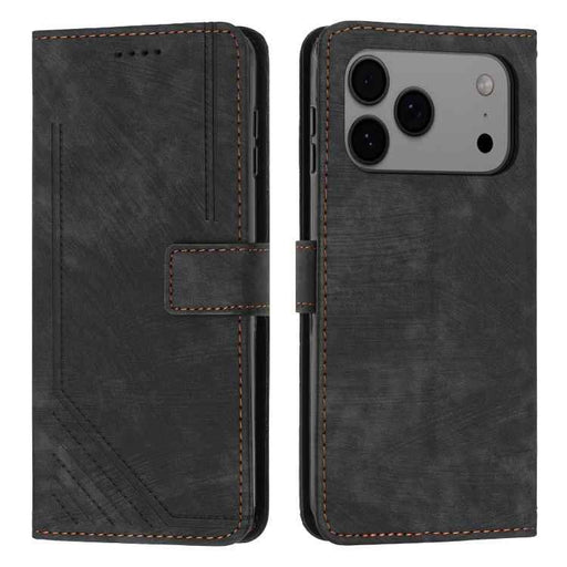 For iPhone 17 Pro Max Skin Feel Stripe Pattern Leather Phone Case with Lanyard(Black)