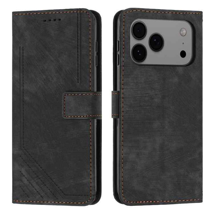 For iPhone 17 Pro Max Skin Feel Stripe Pattern Leather Phone Case with Lanyard(Black)