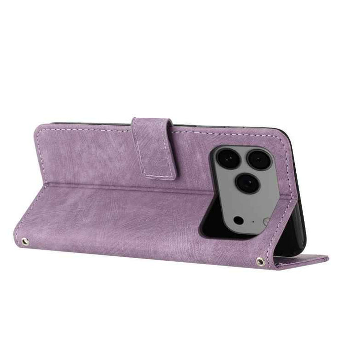 For iPhone 17 Pro Max Skin Feel Stripe Pattern Leather Phone Case with Lanyard(Purple)