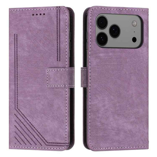 For iPhone 17 Pro Max Skin Feel Stripe Pattern Leather Phone Case with Lanyard(Purple)