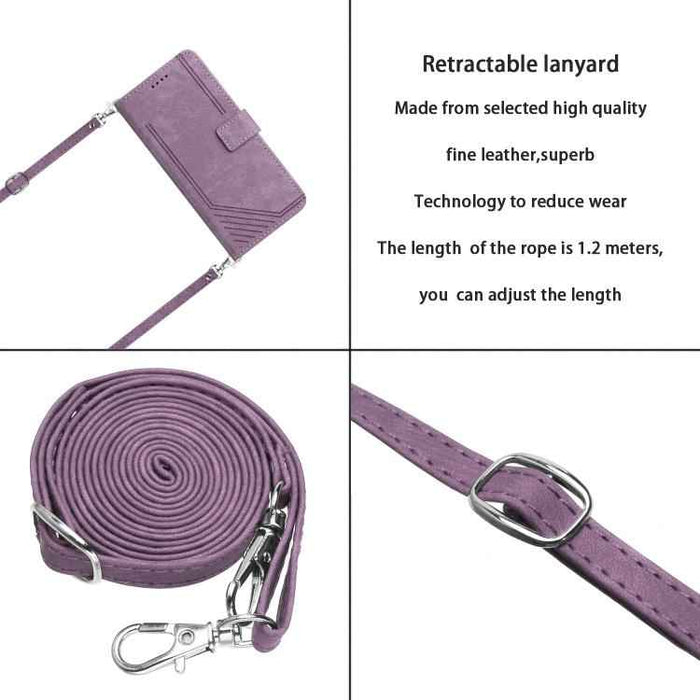 For iPhone 17 Pro Max Skin Feel Stripe Pattern Leather Phone Case with Lanyard(Purple)