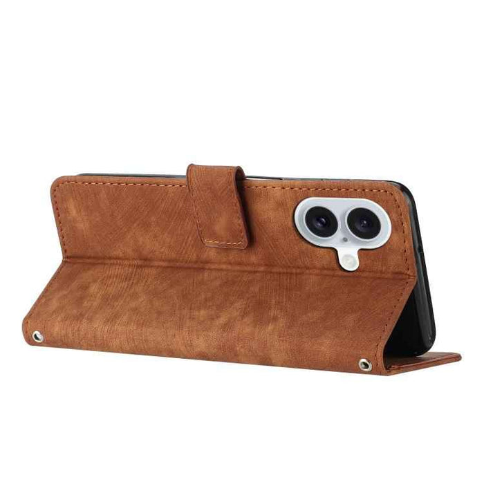 For iPhone 17 Skin Feel Stripe Pattern Leather Phone Case with Lanyard(Brown)