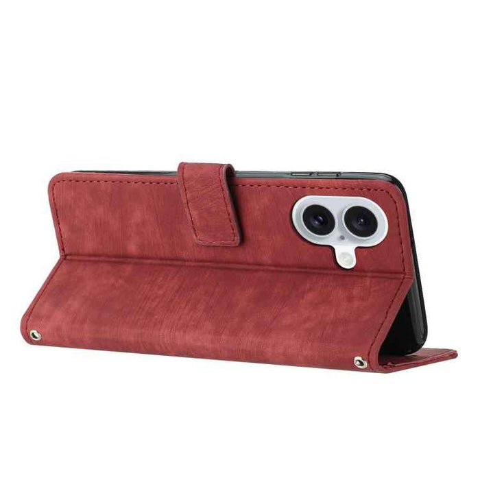For iPhone 17 Skin Feel Stripe Pattern Leather Phone Case with Lanyard(Red)