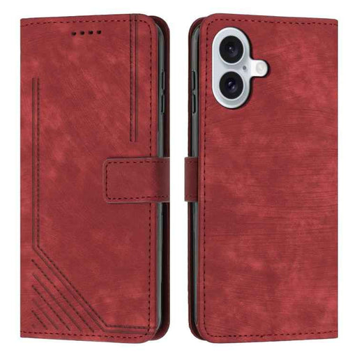 For iPhone 17 Skin Feel Stripe Pattern Leather Phone Case with Lanyard(Red)