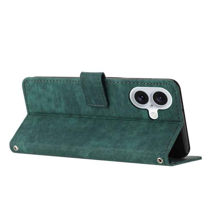 For iPhone 17 Skin Feel Stripe Pattern Leather Phone Case with Lanyard(Green)
