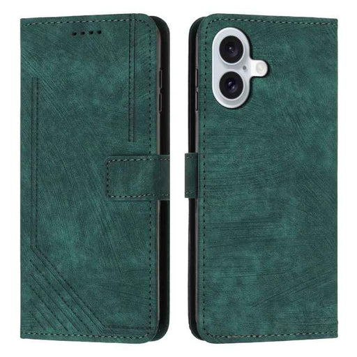 For iPhone 17 Skin Feel Stripe Pattern Leather Phone Case with Lanyard(Green)