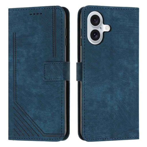 For iPhone 17 Skin Feel Stripe Pattern Leather Phone Case with Lanyard(Blue)