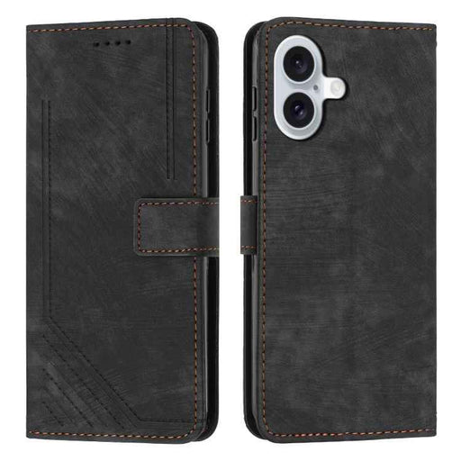 For iPhone 17 Skin Feel Stripe Pattern Leather Phone Case with Lanyard(Black)