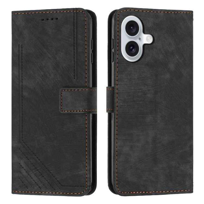 For iPhone 17 Skin Feel Stripe Pattern Leather Phone Case with Lanyard(Black)