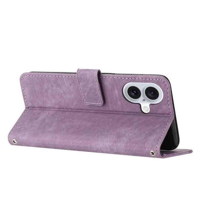 For iPhone 17 Skin Feel Stripe Pattern Leather Phone Case with Lanyard(Purple)