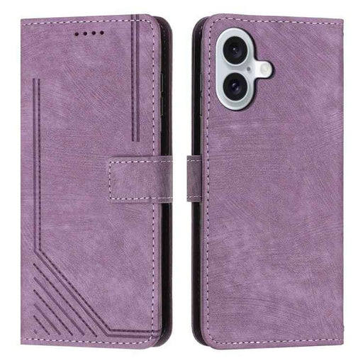 For iPhone 17 Skin Feel Stripe Pattern Leather Phone Case with Lanyard(Purple)