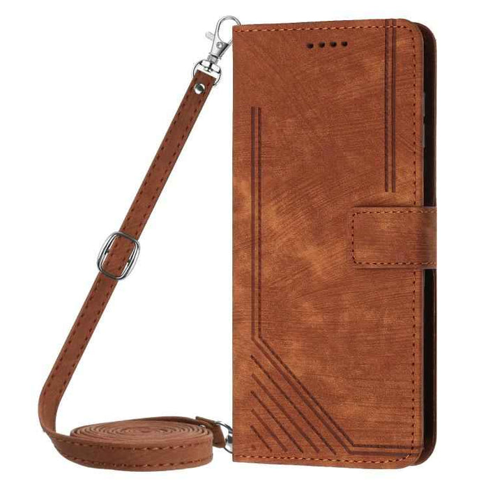 For iPhone 17 Air Skin Feel Stripe Pattern Leather Phone Case with Lanyard(Brown)