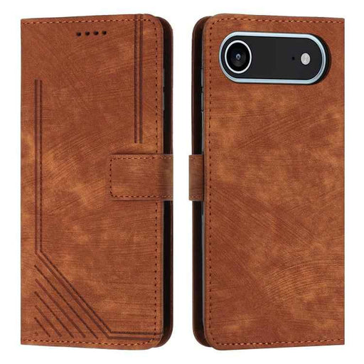 For iPhone 17 Air Skin Feel Stripe Pattern Leather Phone Case with Lanyard(Brown)