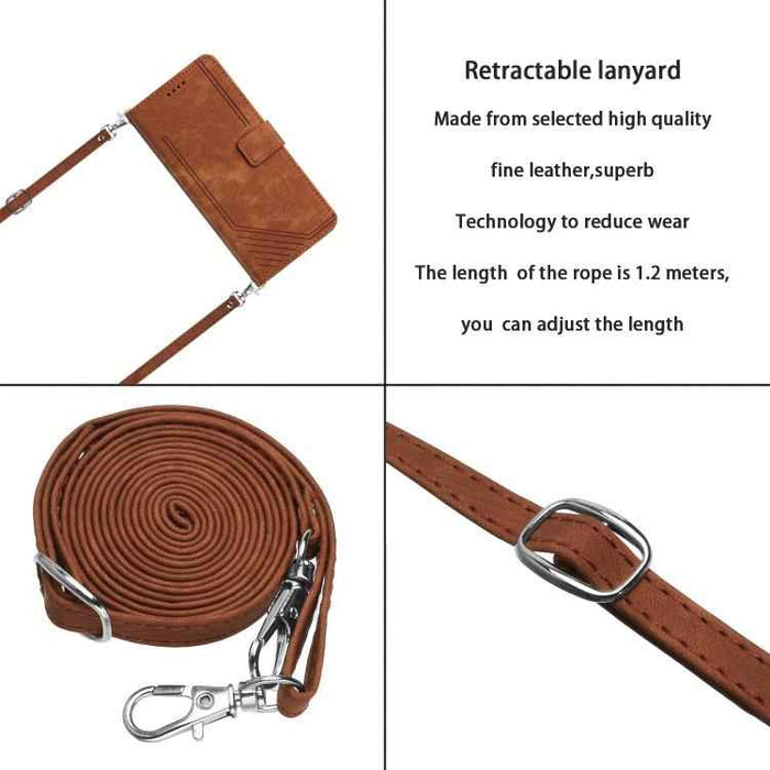 For iPhone 17 Air Skin Feel Stripe Pattern Leather Phone Case with Lanyard(Brown)