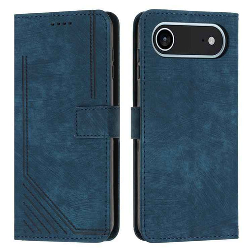 For iPhone 17 Air Skin Feel Stripe Pattern Leather Phone Case with Lanyard(Blue)